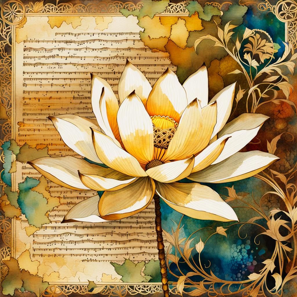 Golden Lotus on Vintage Watercolor Paper