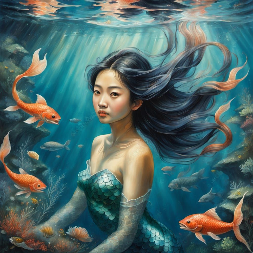 Asian Mermaid Swimming Underwater in Classical Oil Painting ...