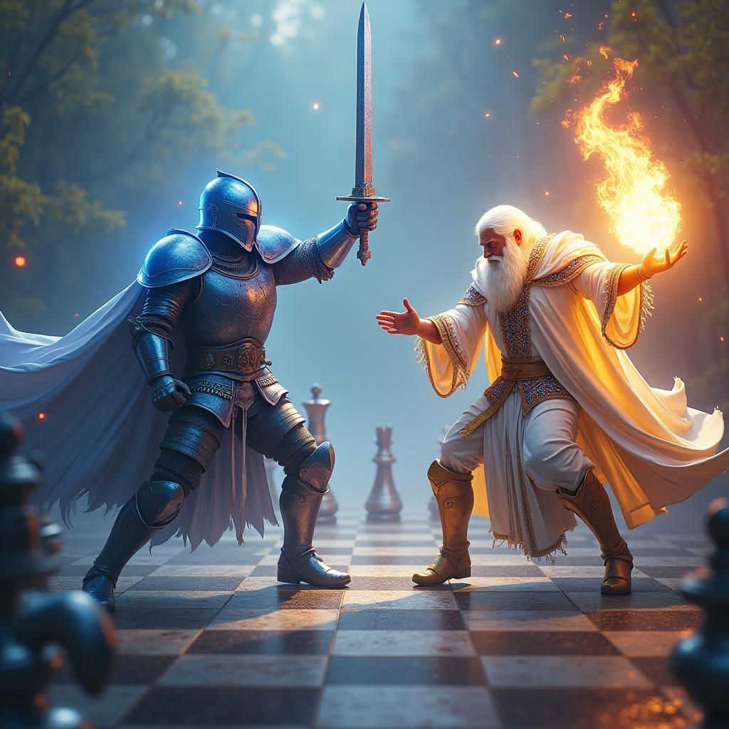 Mystical Chessboard Battle in High Fantasy Style
