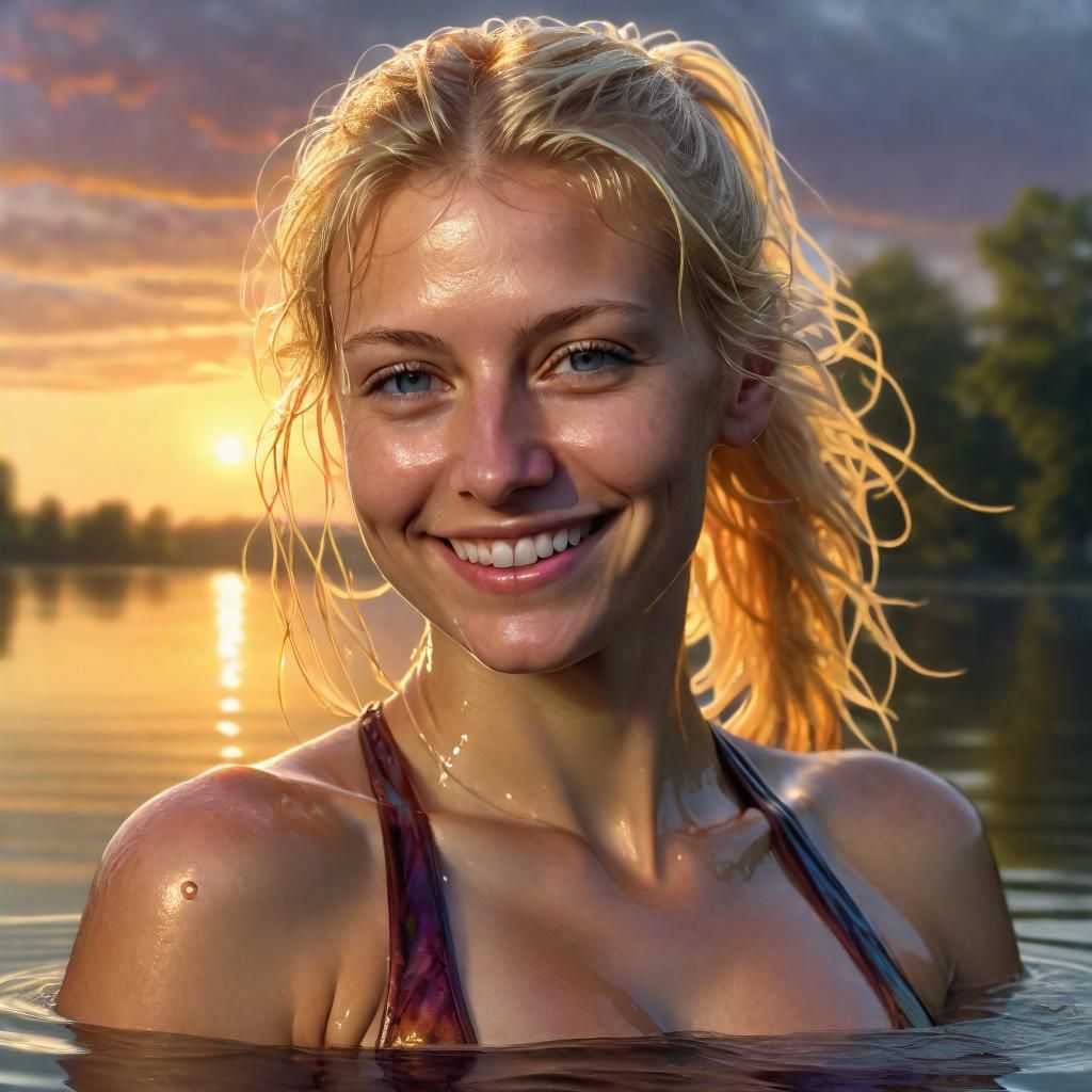 Renaissance-Style Portrait of Woman in Lake at Sunset