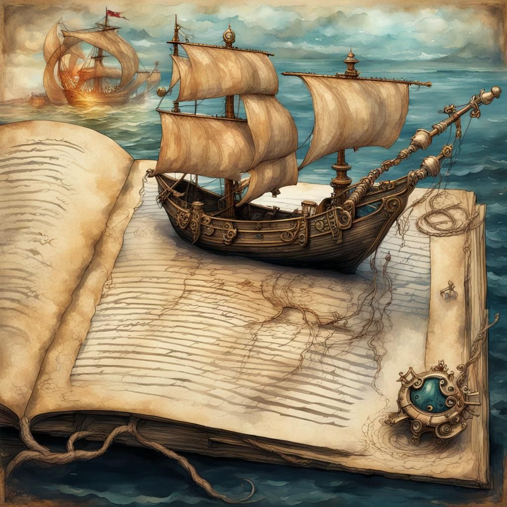 Pirate Ship on Journal Page in Watercolor Style