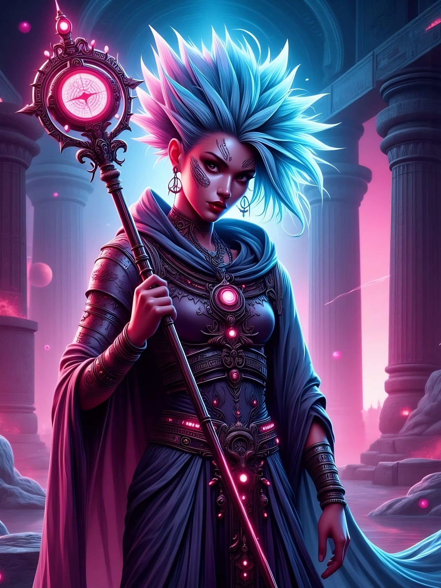 Techno-Shaman Punk with Neon Symbols in Cyberpunk Style