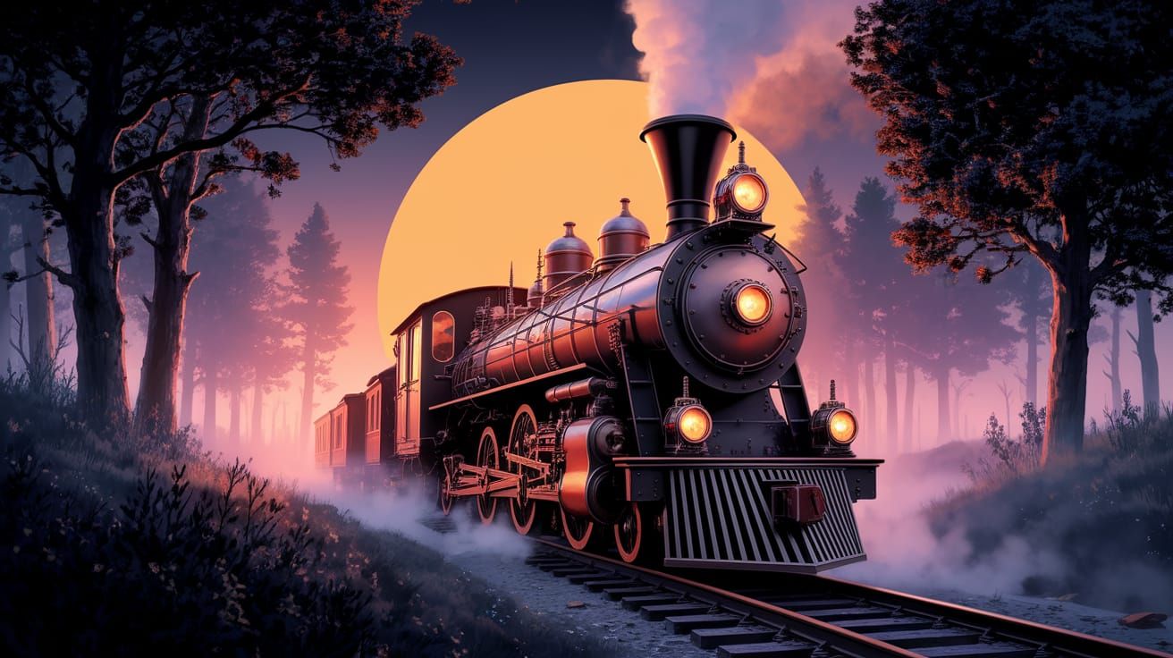 Mystical Steampunk Train Under Orange Moonlight