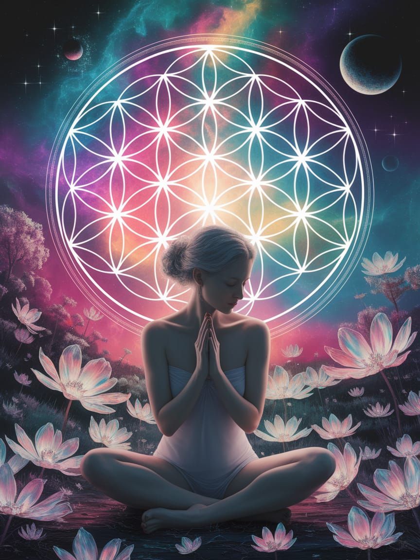 Woman Contemplating Flower of Life in Dreamy Cosmos