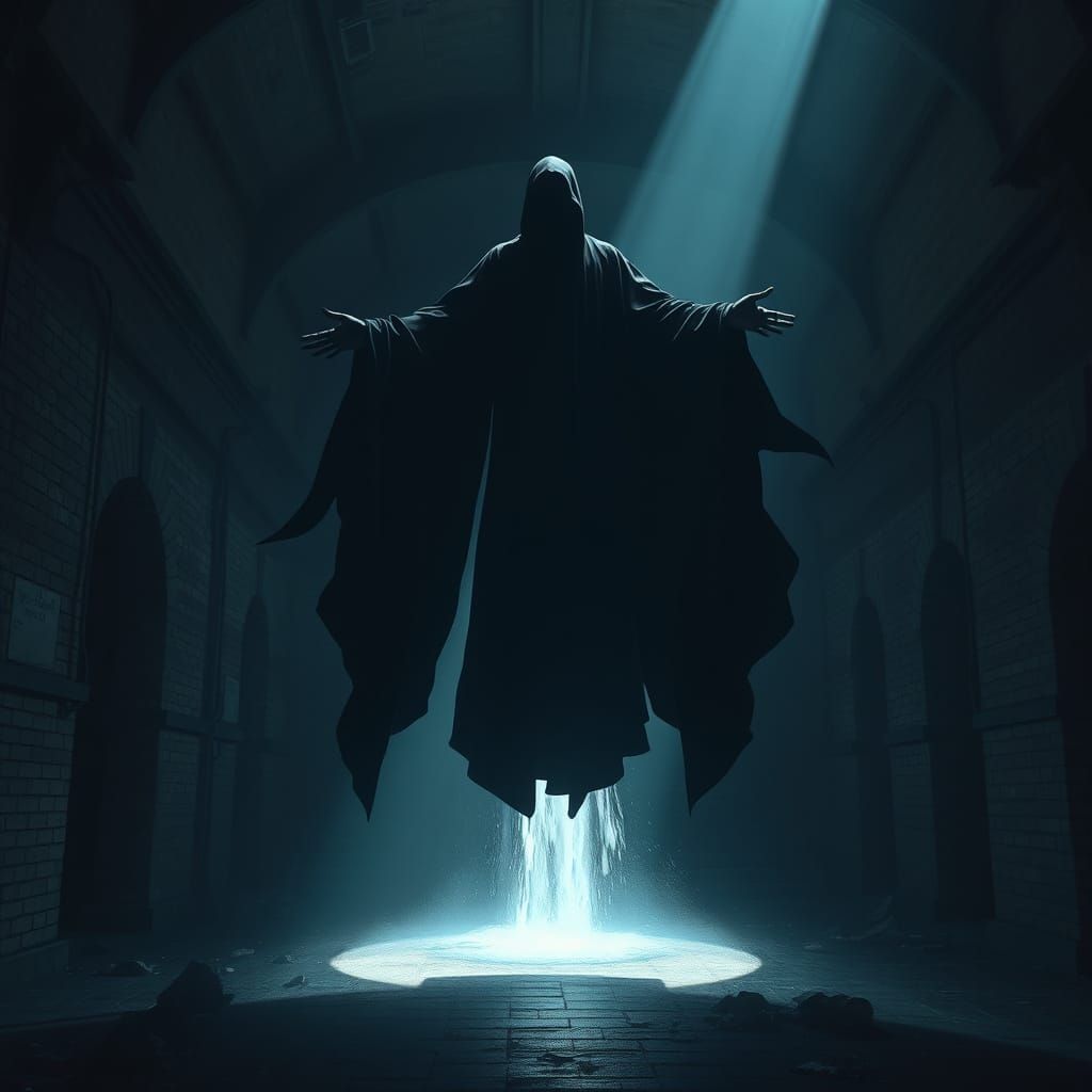 Eerie Figure in Dilapidated School with Waterfall