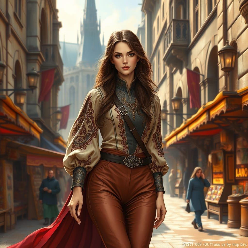 Medieval Noblewoman Strides Through Bustling City