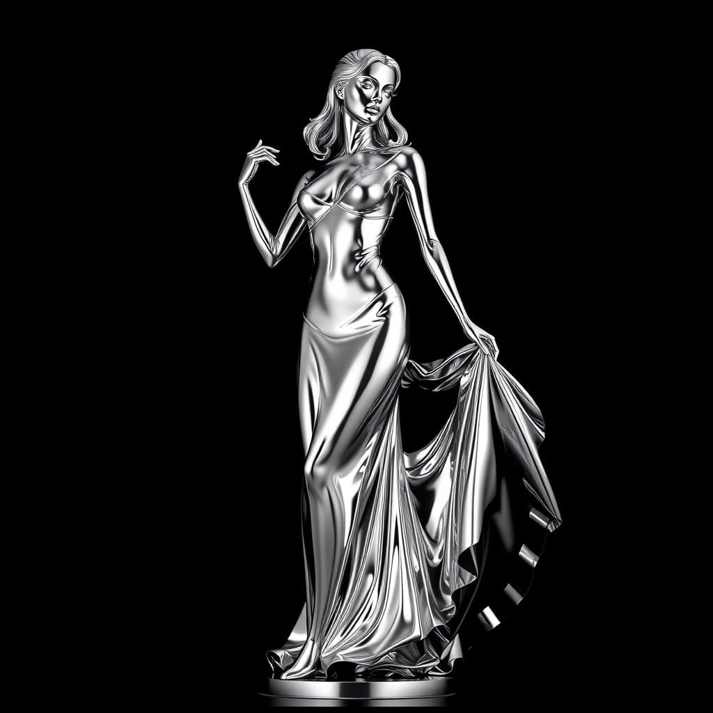 Heroic Chrome Woman in Futuristic Metallic Gown