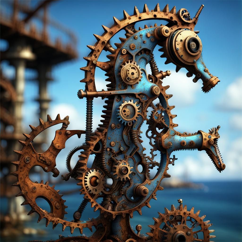 Steampunk Mechanical Seahorse in Blue and Rust
