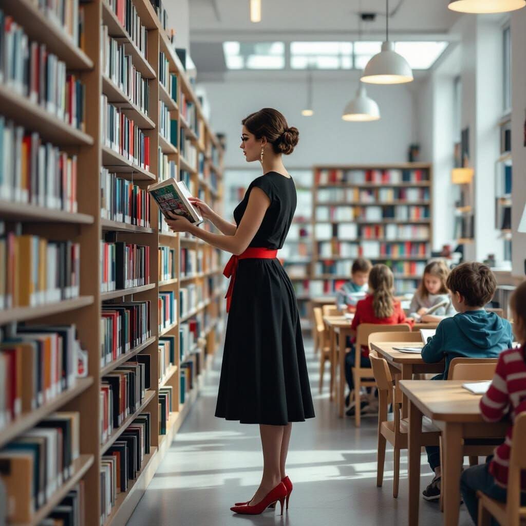Librarian Shelving Book in Modern Library, Scandinavian Styl...
