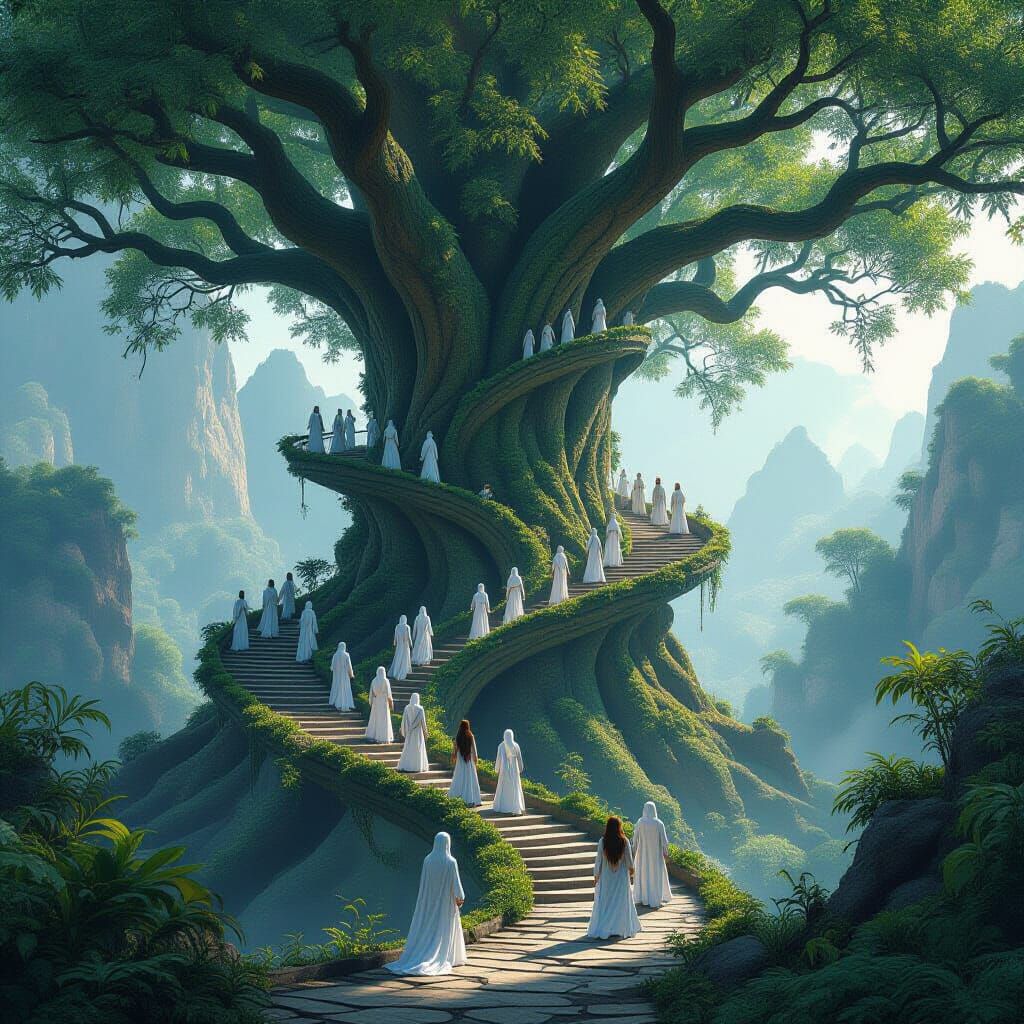 Elves Ascend Majestic Trees in Silver Light