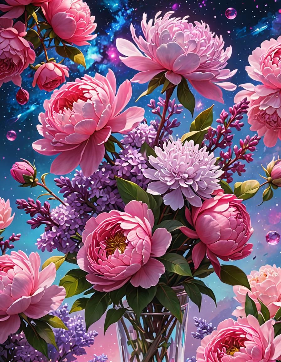 Mystical Bouquet with Pink Crystals in Anime Style