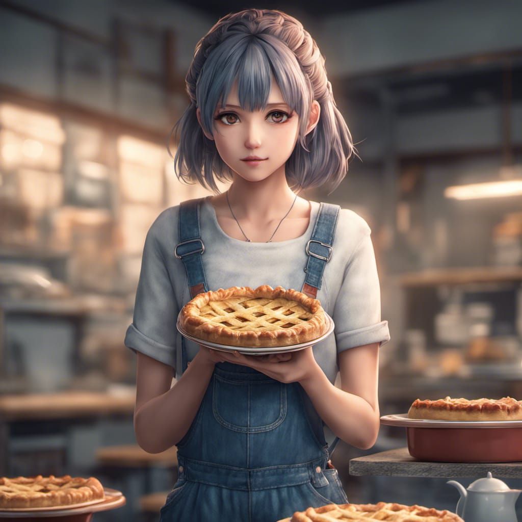 Anime Woman Holding Pie in Hyperrealistic Style
