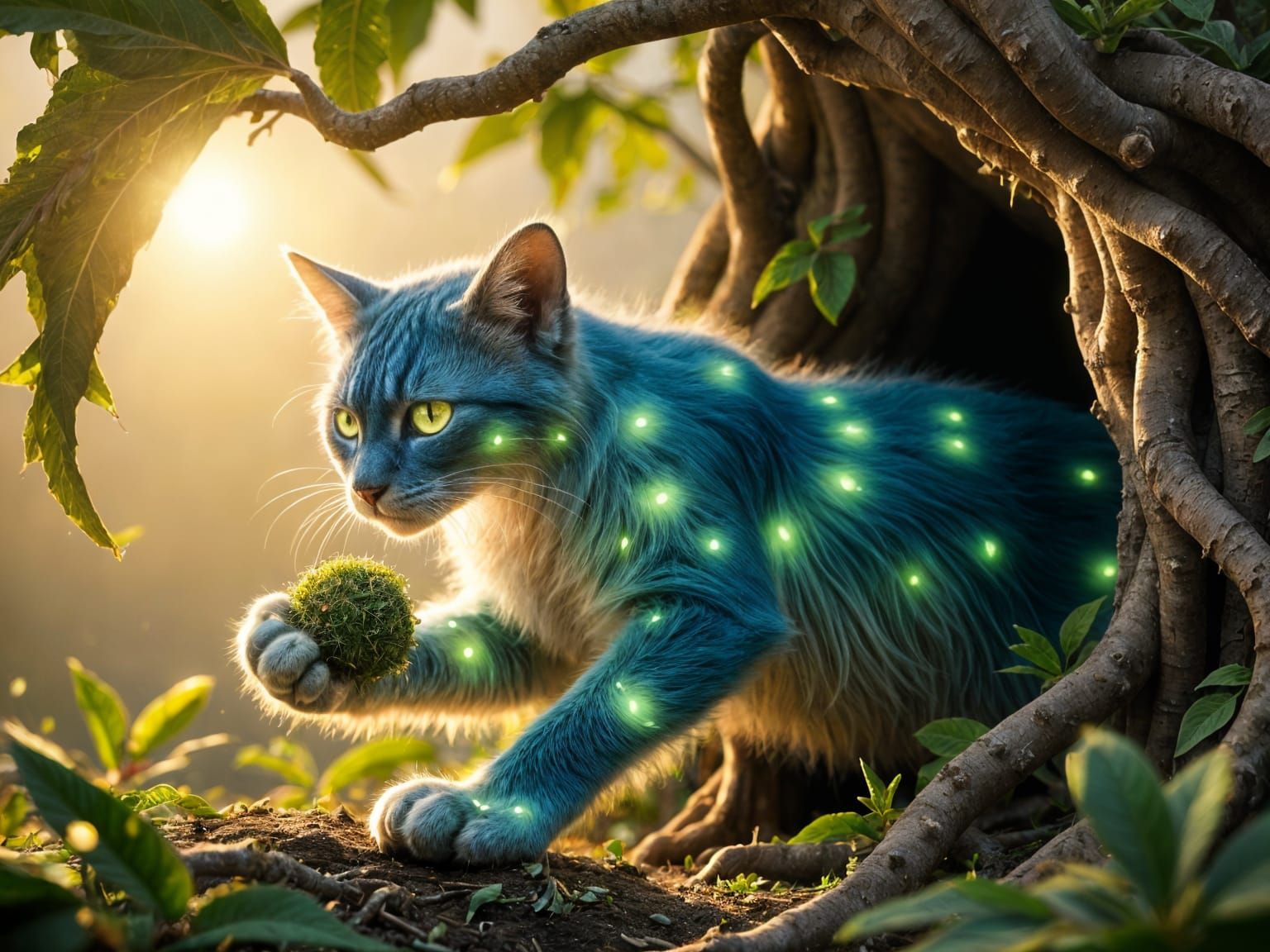 Fairy Cat with Sprites in Fur at Dawn