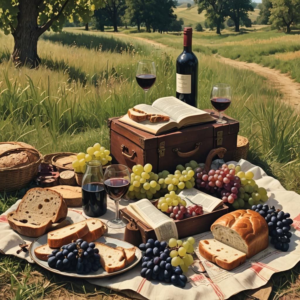 Antique Bible Picnic in Sunny Meadow