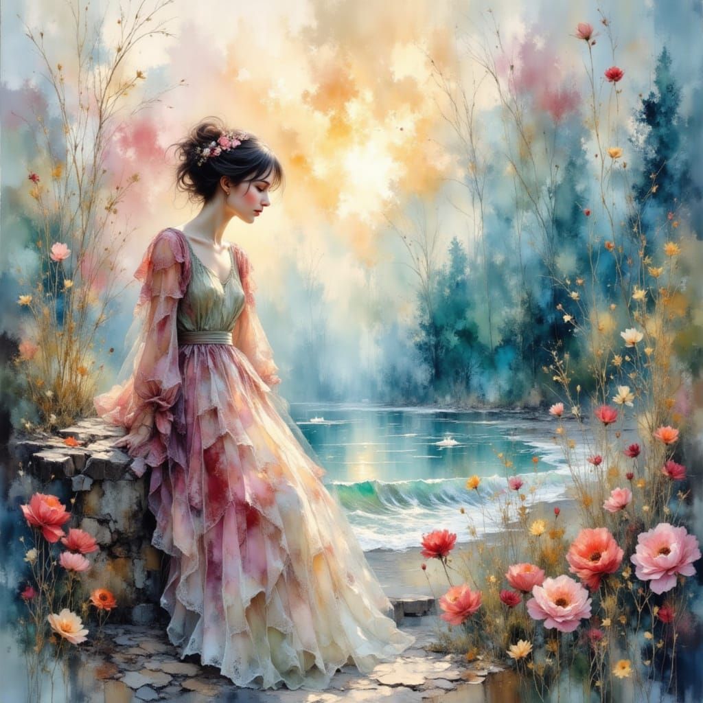 Ethereal Art Nouveau Dreamscape in Watercolour and Ink