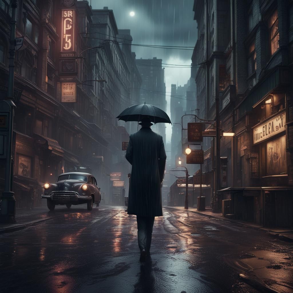 Noir Detective in Rainy City Street