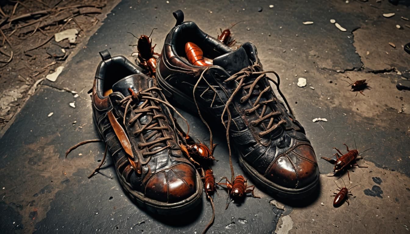 Cockroach Infestation on Worn Shoes: Macro Photography
