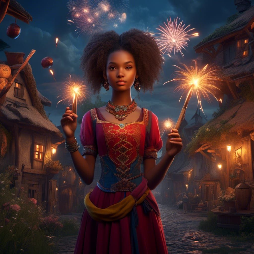 Fantasy Village Scene with Girl and Fireworks