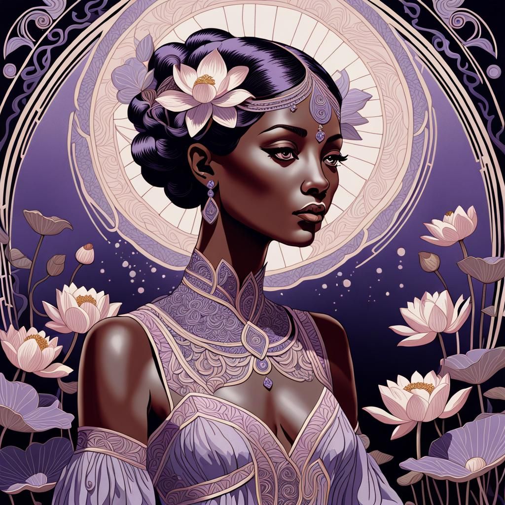 Elegant Lotus Flower Portrait in Art Nouveau Style