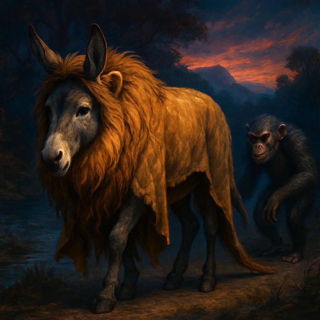 Donkey in Lion Skin Followed by Chimpanzee at Twilight
