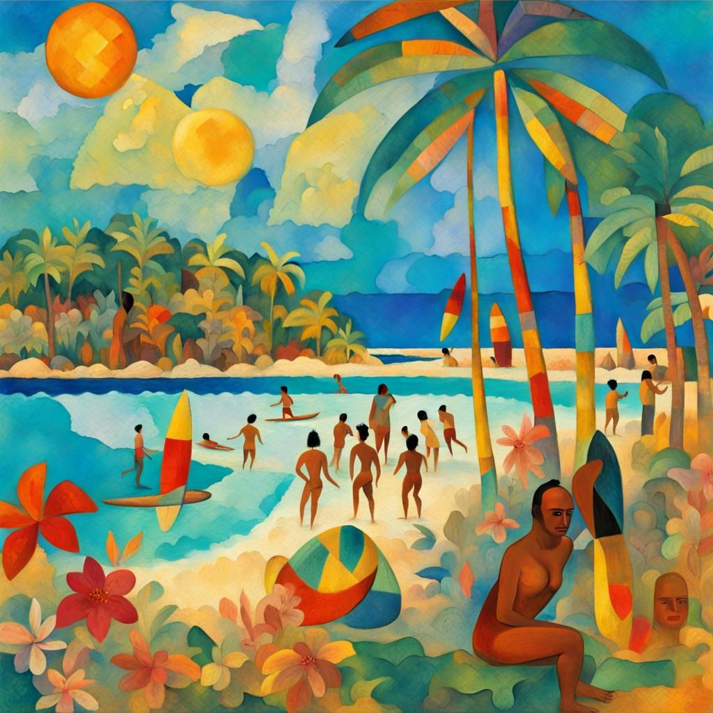 Polynesian Beach Scene in Post-Impressionist Style