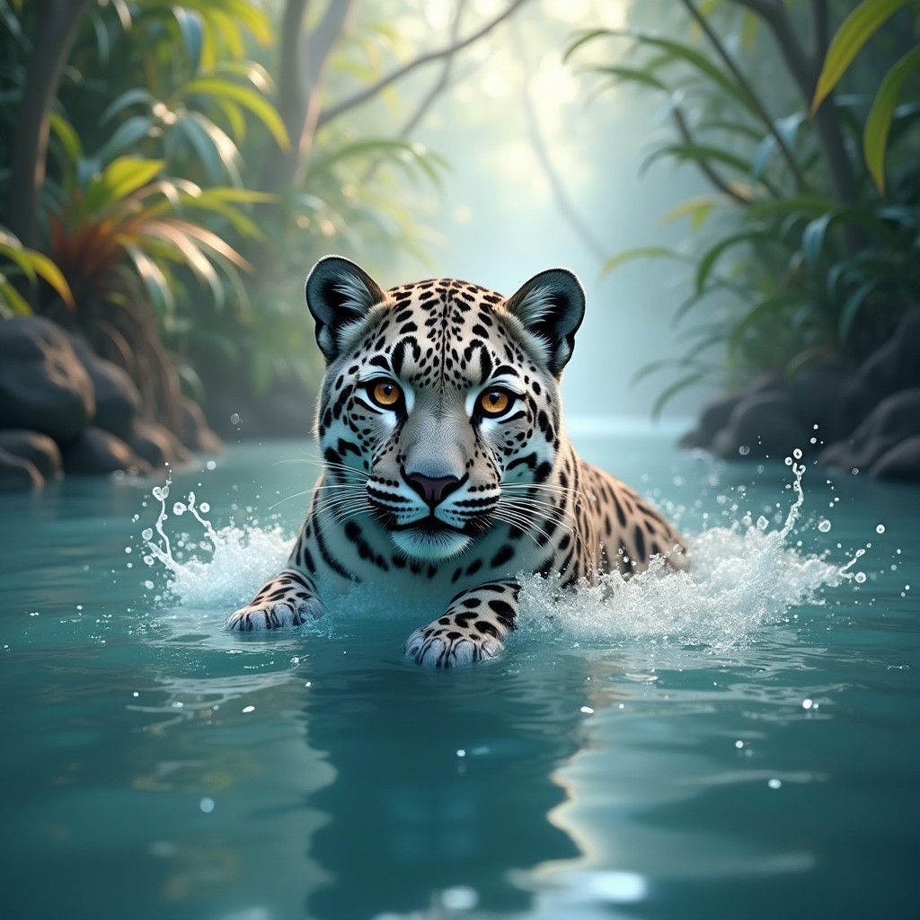 Clouded Leopard Glides Through Blue River in Watercolor