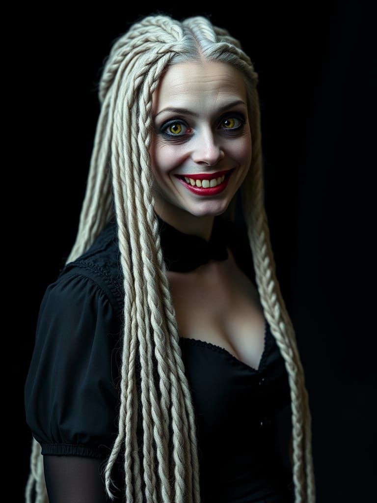 Eerie Woman with White Braids and Yellow Eyes