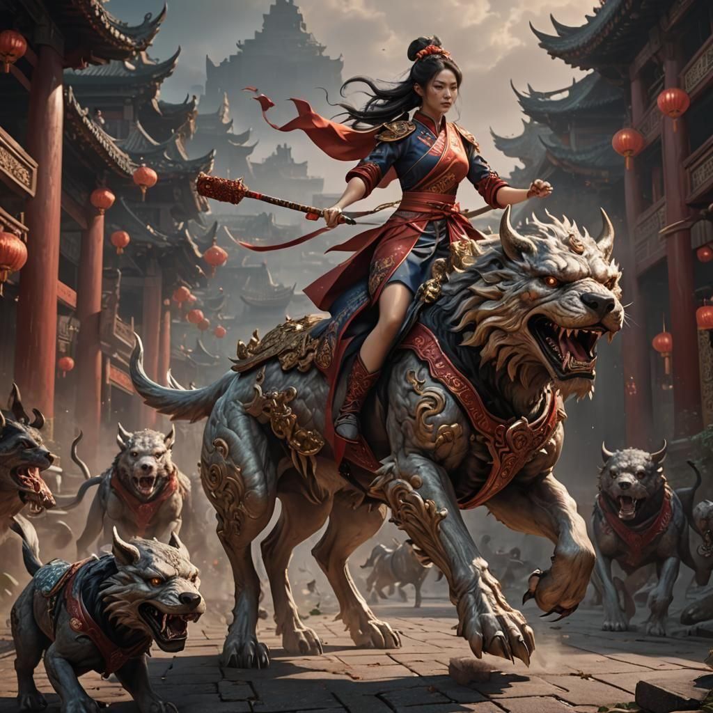 Woman Rides Cerberus: Detailed Fantasy Art