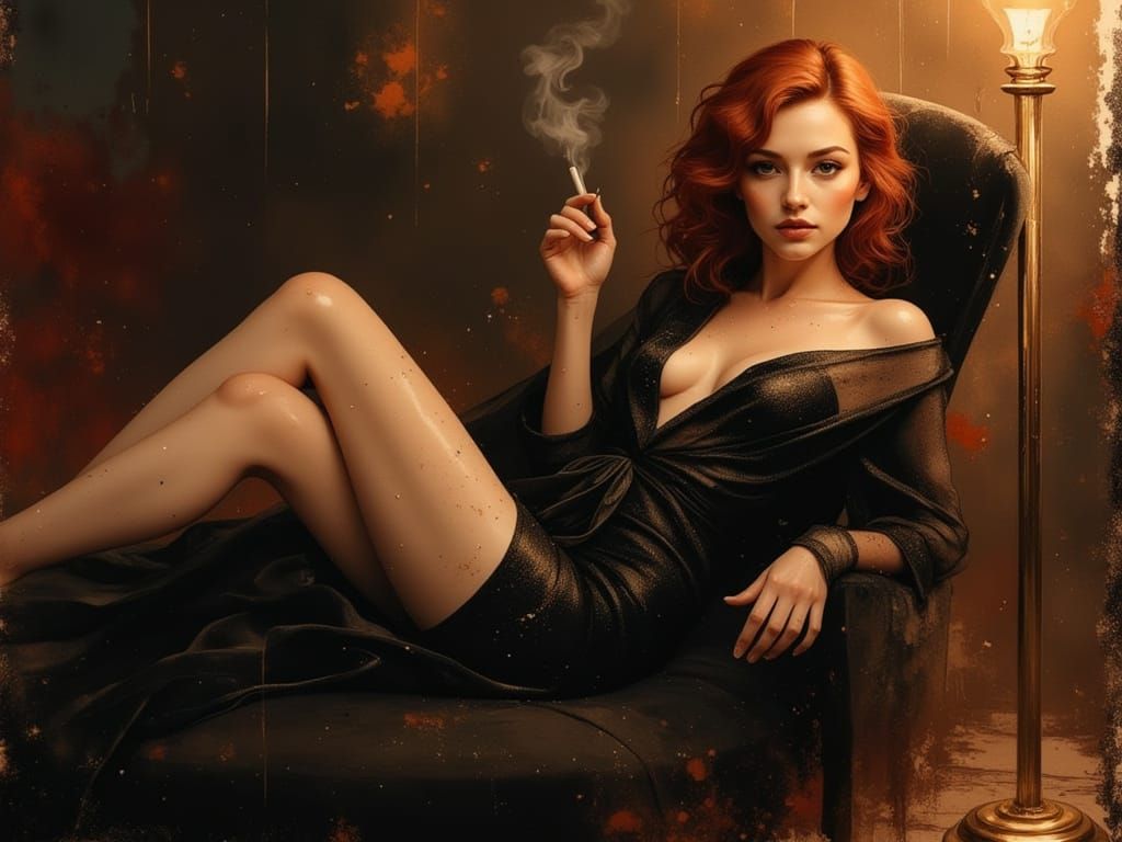 Retro Glamour: Woman in Sheer Robe with Glitchbloom