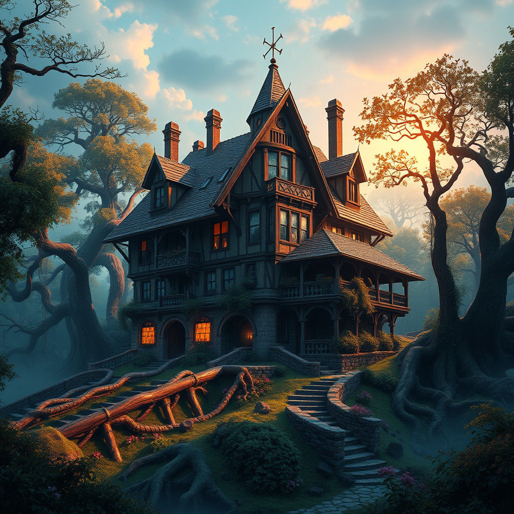 Mystical Old House in Dreamlike Fantasy Landscape