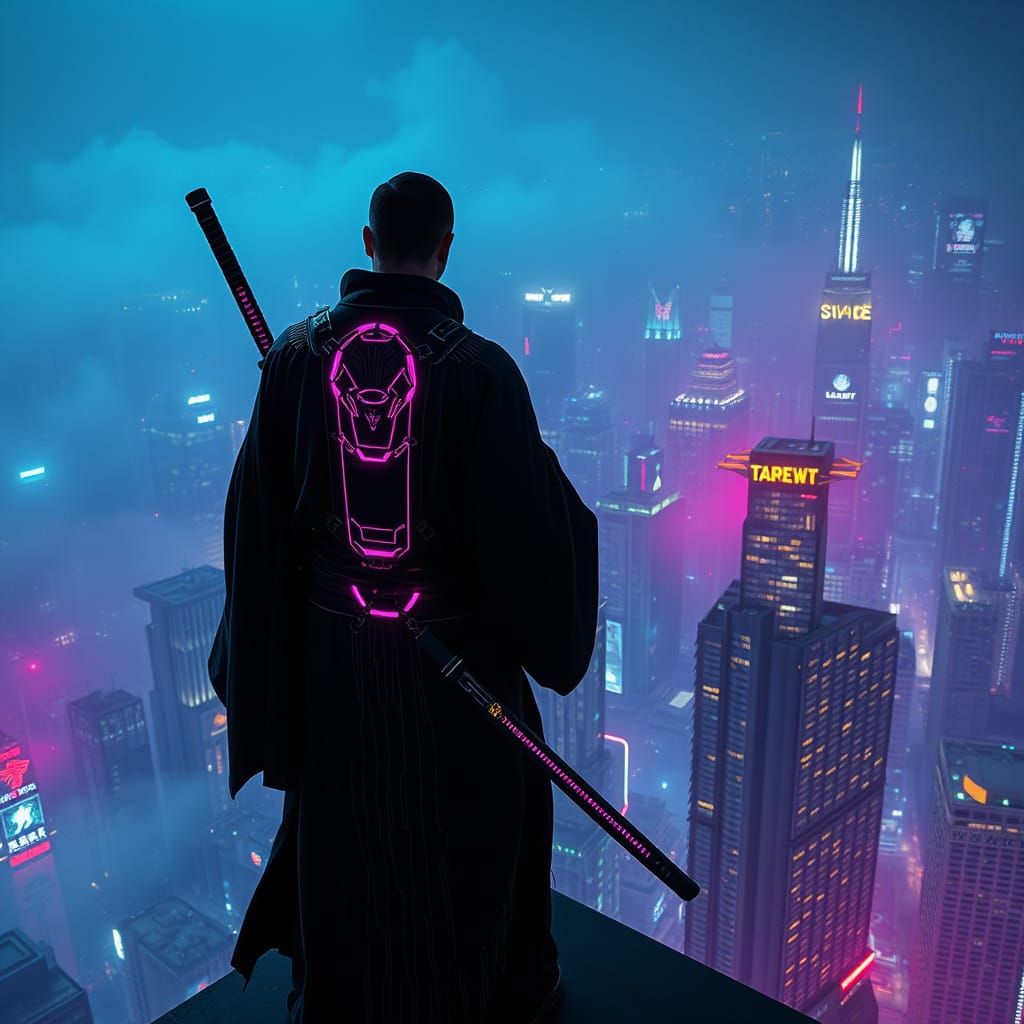 Vampire Samurai in Neon Kimono Stands atop Cyberpunk Metropo...