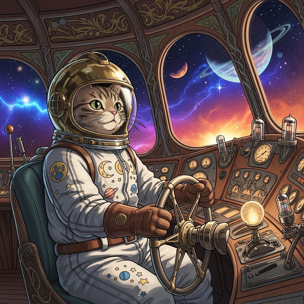 Retro-Futuristic Cat Pilot in Ghibli-esque Rocket