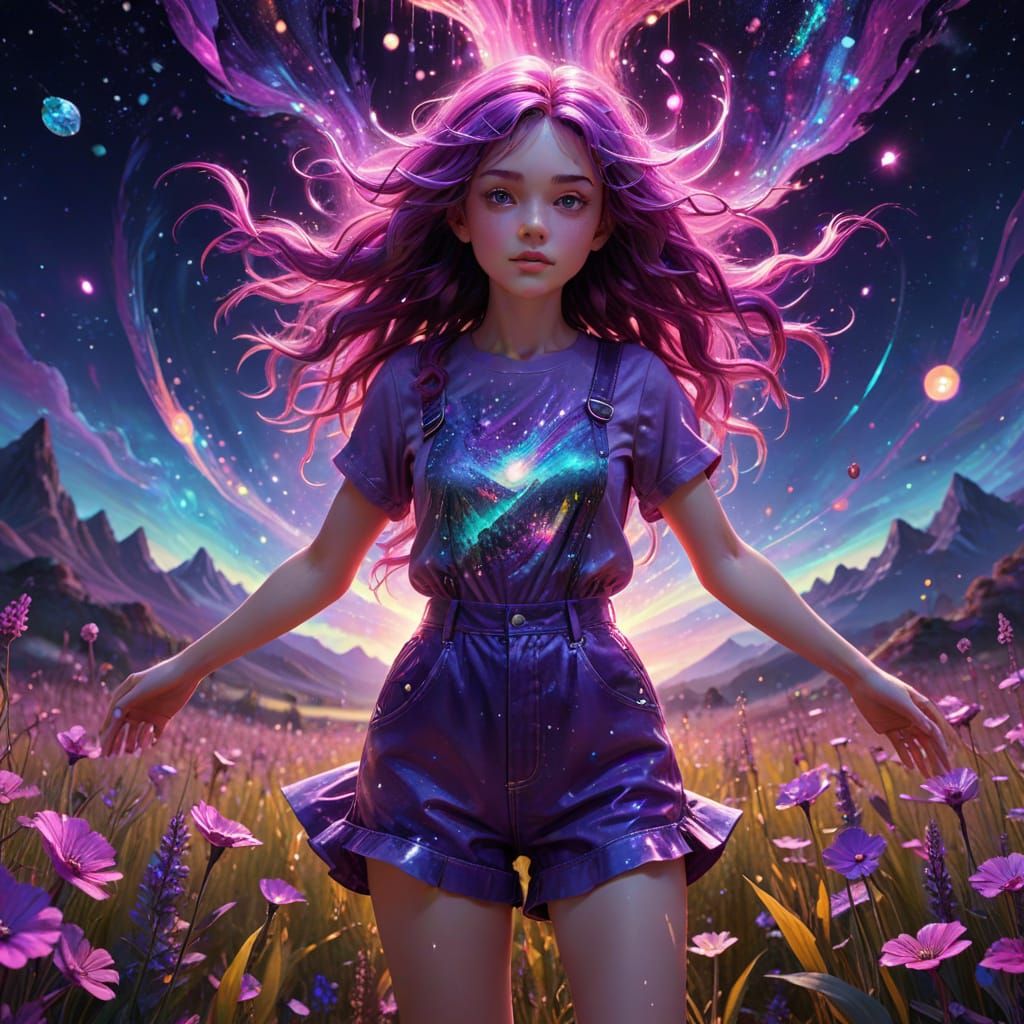 Surreal Girl Dancing in Dreamy Alcohol Ink Meadow