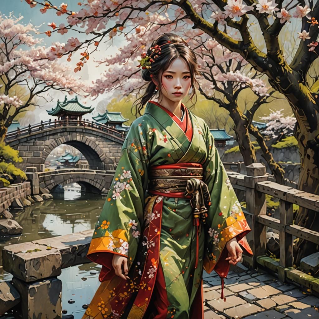 Japanese Princess in Kimono on Ancient Bridge