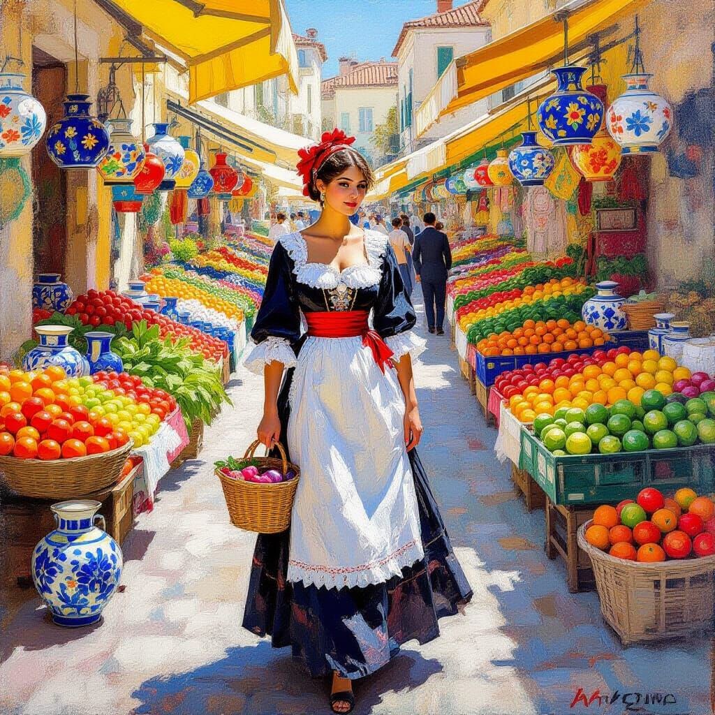 Sicilian Woman in Marketplace, Impressionist Style