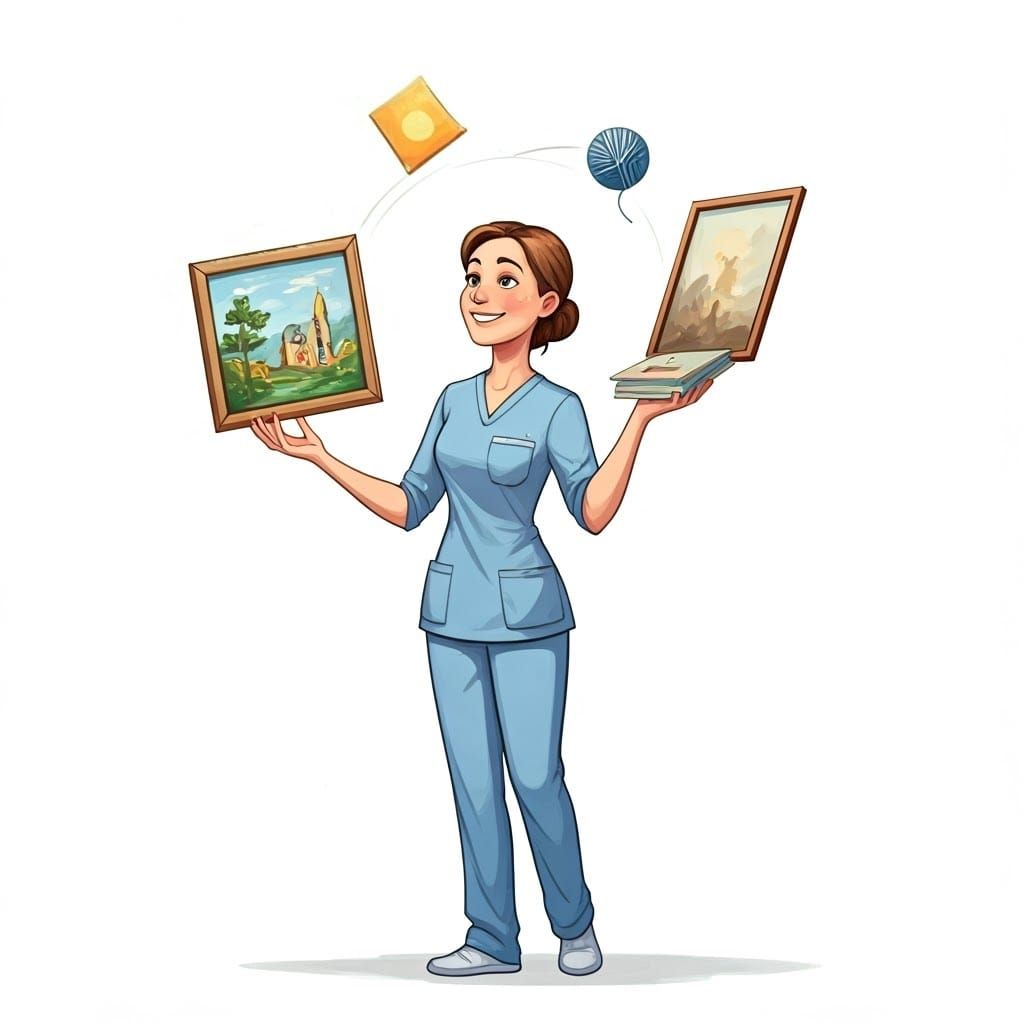 Cartoon Woman Juggling Painting, Yarn, and Book