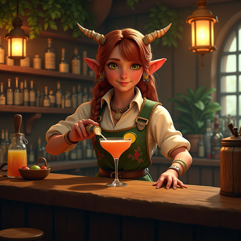 Whimsical Hobbit Bartender in Cozy Tavern