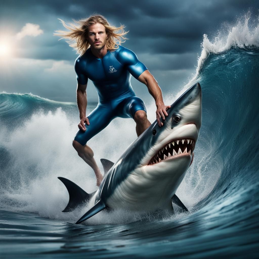 Man Surfing Shark on Huge Wave