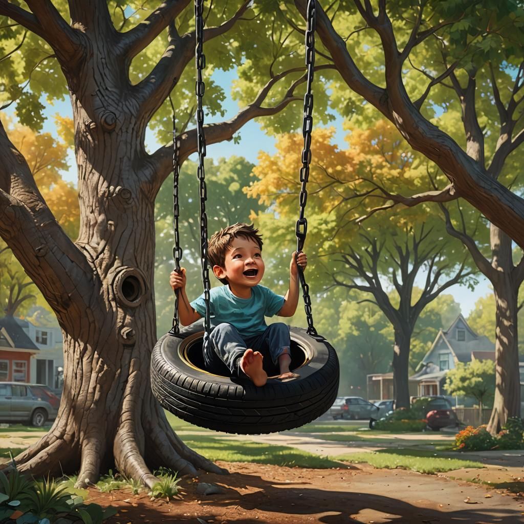Boy on Tire Swing: Hyperrealistic Splash Art