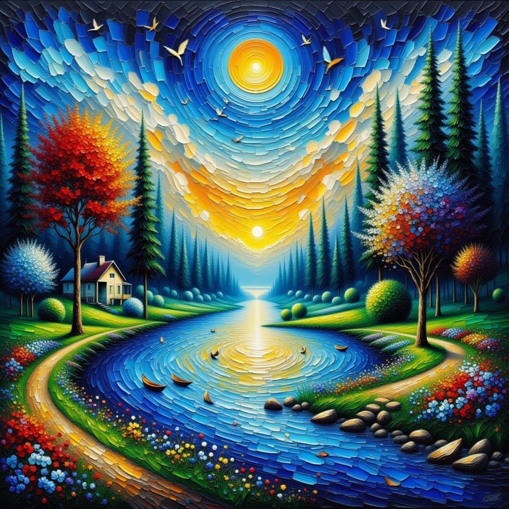 Moonlit Landscape in Impasto Style