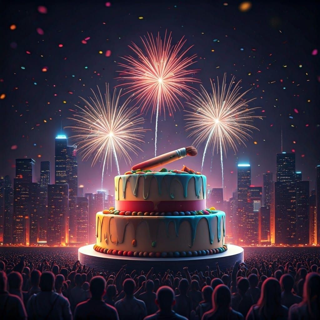 Celebratory Fireworks Over City with Paintbrush Cake