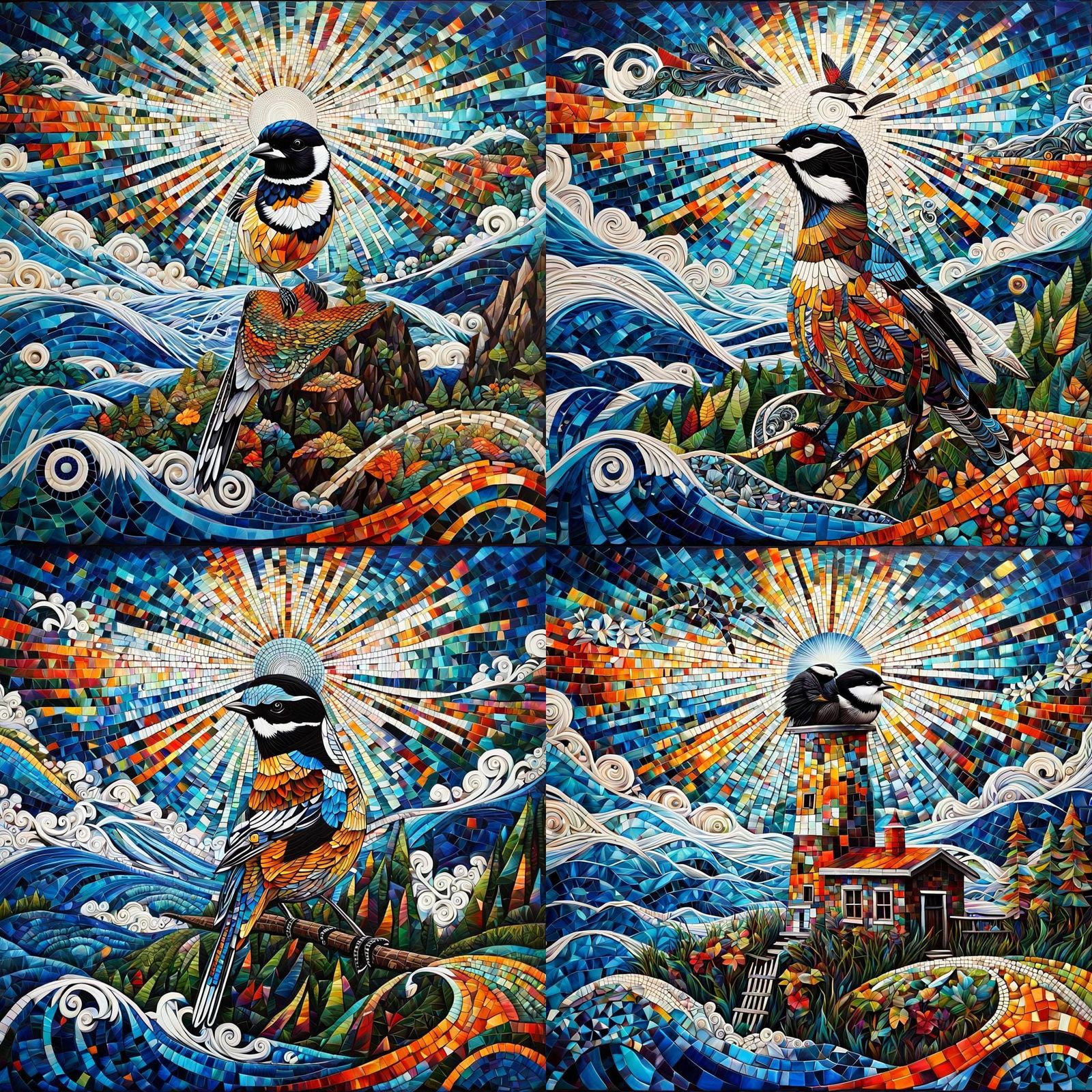 Mosaic Chickadee in Geometric Landscape, Acrylic Painting