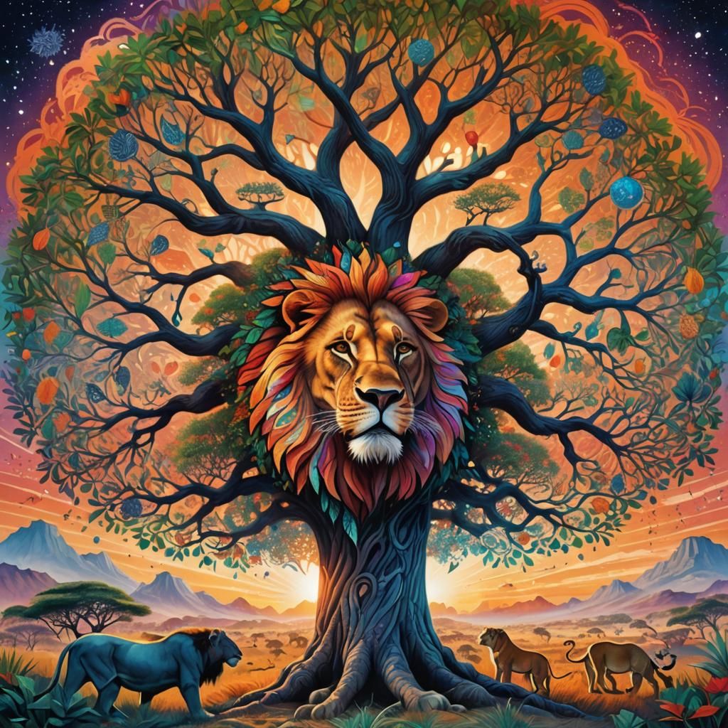 Tree of Life with Lion Head: Surreal Concept Art