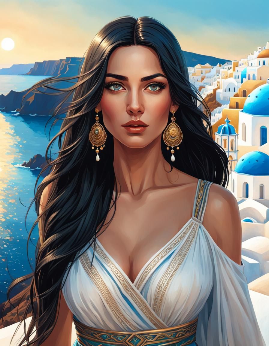 Beautiful Greek Woman Walking in Oia, Hyperdetailed Portrait