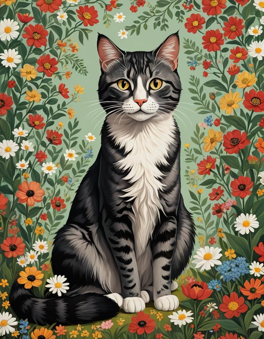 Cat Portrait in Naive Art Style