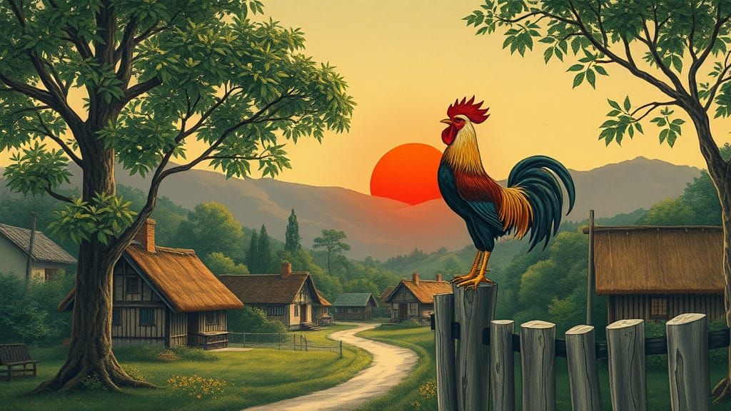 Surreal Landscape with Village and Rising Sun