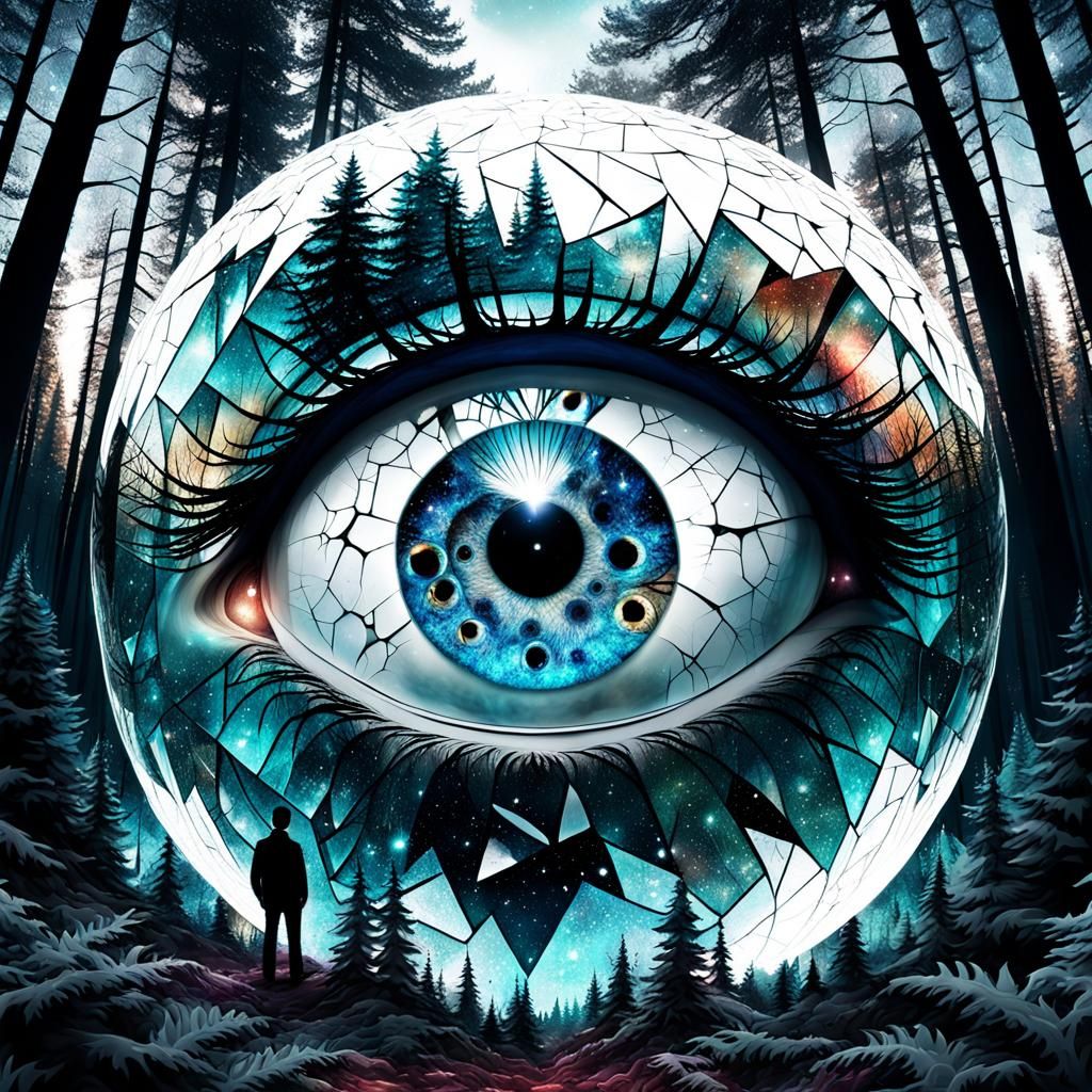 Galaxy Eyeball Shattered Glass Double Exposure Digital Art