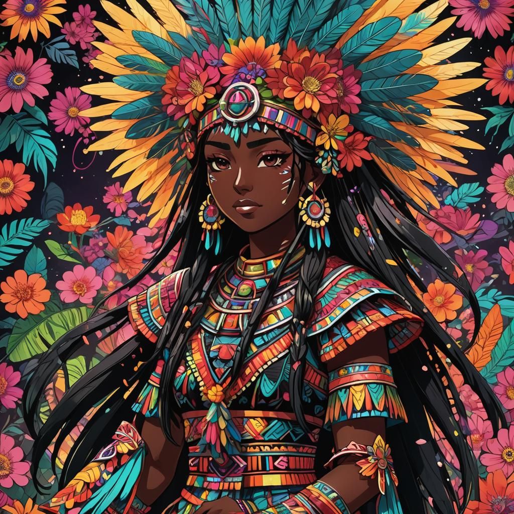 Vibrant Anime Aztec Girl with Quetzal Feathers