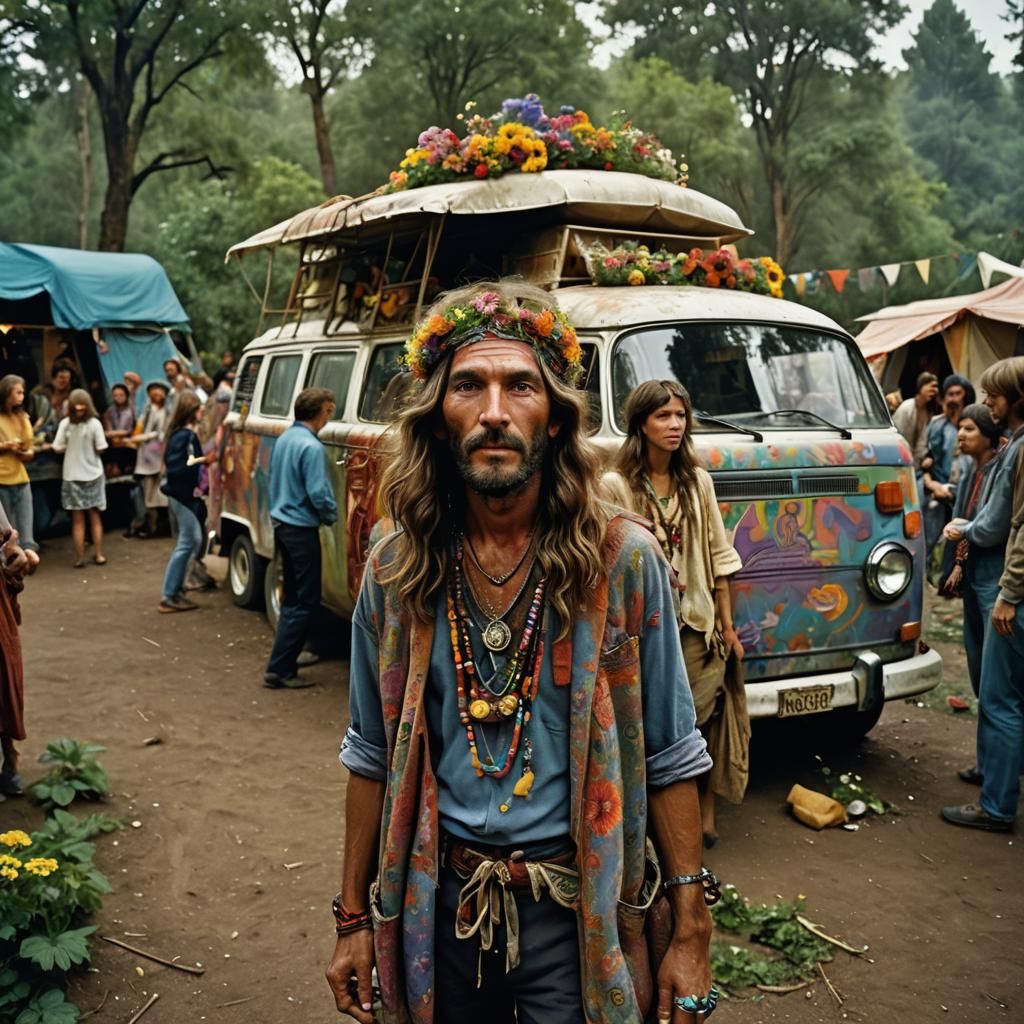 1960s Hippie Camp Portrait with Colorful Van