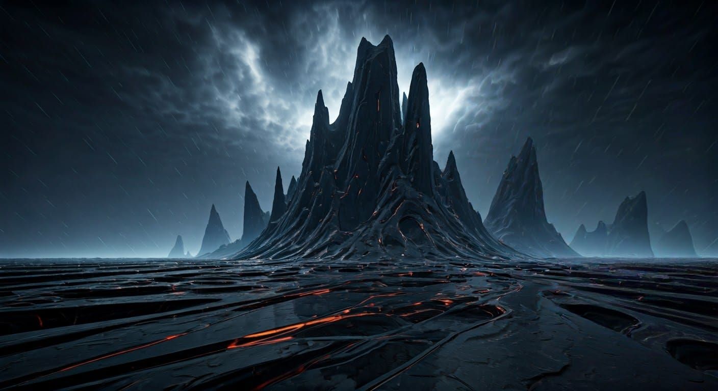 Ethereal Mountains of Madness in Surreal Obsidian Landscape